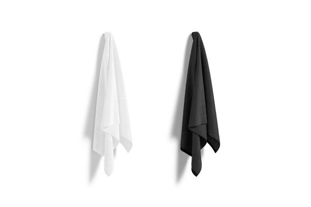 istock Blank black and white big towel hanging on hook mockup 1366575648