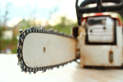 Chainsaw in the garden. Close-up. Blurred background.