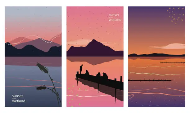 Vector illustration of Sunset in wetland, set of pink, coral and violet backgrounds of lagoons with mountains, silhouettes of people and pier. Vector illustration in flat, textured, hand drawn style. Abstract and minimal style.