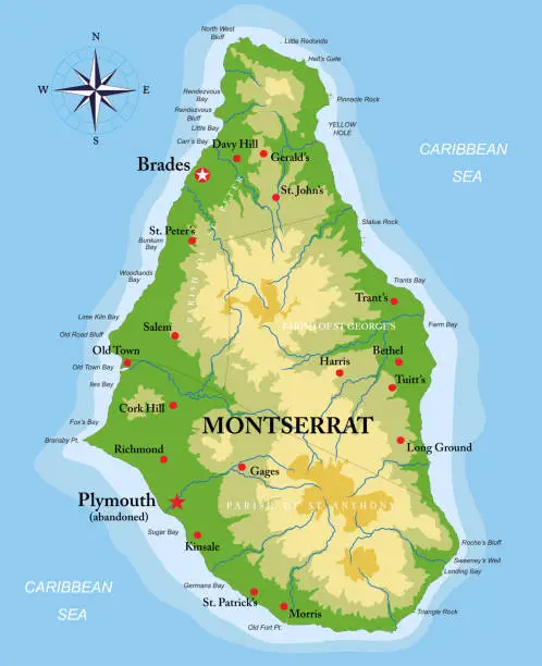 Vector illustration of Montserrat island highly detailed physical map