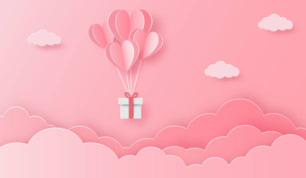 illustrazioni stock, clip art, cartoni animati e icone di tendenza di illustrazione dell'amore con cuore palloncino scatola regalo e nuvole - love transportation cloud cloudscape