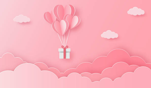 ilustrações, clipart, desenhos animados e ícones de ilustração de amor com caixa de presente balão de coração e nuvens - valentines day origami romance love