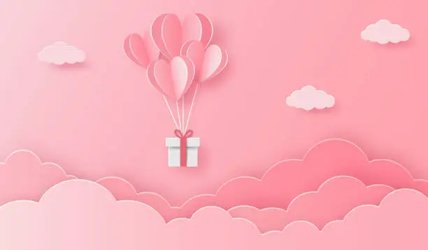 Vector illustration of illustration of love with heart balloon gift box and clouds