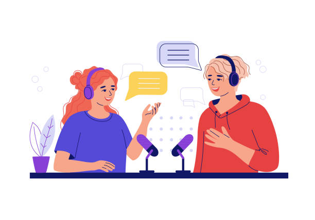 Woman and man talking on interview. Woman and man talking on interview. Concept of podcast in studio. People in headphones on live streaming, broadcast, recording audio, online show. Flat vector illustration man presenting white background stock illustrations