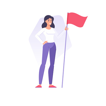 Happy successful business woman holding red waving flag celebrating leadership achievement vector flat illustration. Smiling young casual female winner enjoying victory triumph isolated