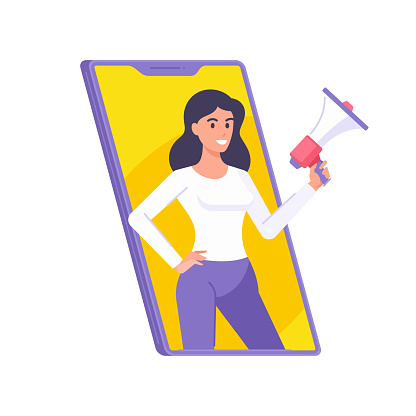 Woman with megaphone at screen of smartphone internet marketing advertising isometric vector illustration. Female with loudspeaker announce online discount sale shopping order delivery special price