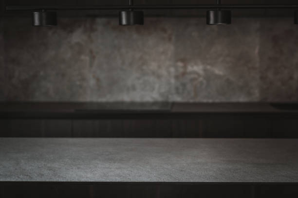 dark grey kitchen design - detail of interior. - table imagens e fotografias de stock