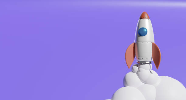 Red and White Cartoon Rocket Spaceship Flying on Purple Background with Copy Space 3D Illustration stock photo