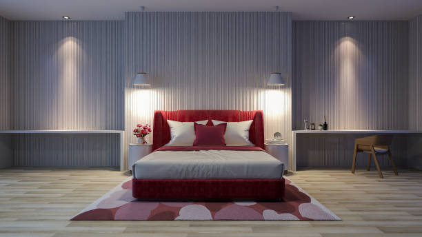 발렌타인 테마 색상의 레드 베드와 카펫이있는 화이트 모던 침실 인테리어, 3d 렌더링 - red bed 뉴스 사진 이미지