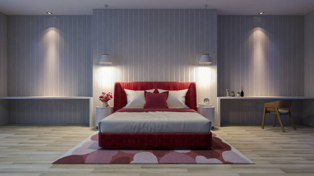 istock White modern bedroom interior with red bed and carpet in Valentine theme color , 3D Rendering 1366579768