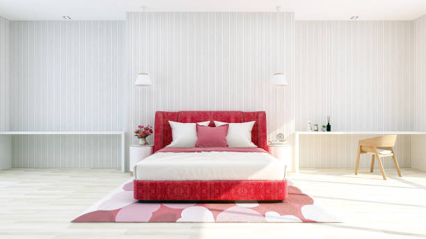 White modern bedroom interior with red bed and carpet in Valentine theme color , 3D Rendering