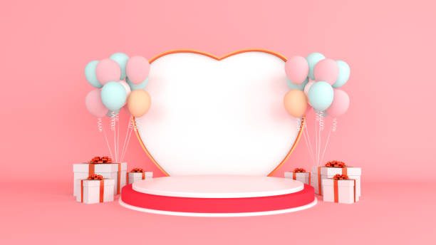 istock Happy valentines day podium display decoration with balloons and gift boxes, 3D rendering 1366579786
