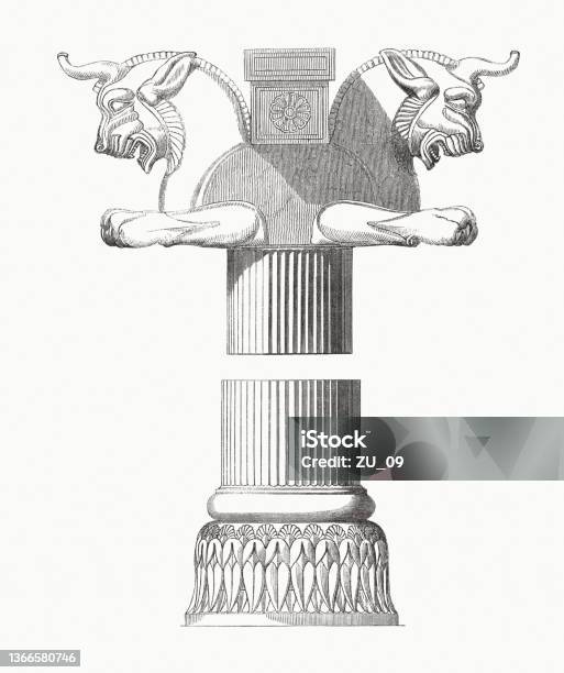 Persian Column With Doublebull Capital Persepolis Wood Engraving Published 1862 Stock Illustration - Download Image Now