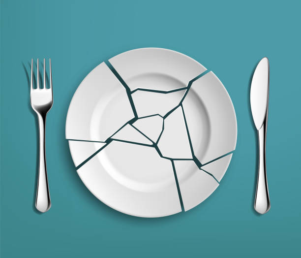 White broken plate with fork and knife. White broken plate with fork and knife. Top view. Vector illustration. hungry stock illustrations