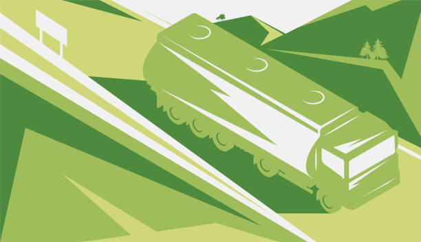 izometryczna cysterna benzynowa jeździ po górskiej drodze. wózek paliwowy ze zbiornikiem paliwa do przyjaznego dla środowiska transportu paliwa. ilustracja wektorowa na zielono - fuel tanker truck storage tank isometric stock illustrations