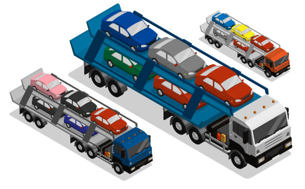 ilustraciones, imágenes clip art, dibujos animados e iconos de stock de camión de transporte isométrico de automóviles pesados. maquinaria y equipos industriales. vector 3d realista aislado sobre fondo blanco - isometric truck traffic semi truck