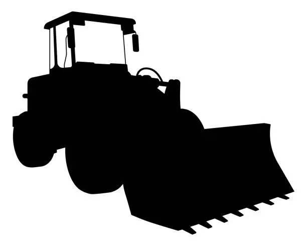 Vector illustration of Silhouette of Construction equipment loader, bulldozer for earthworks. Industrial machinery and equipment. Isolated vector on white