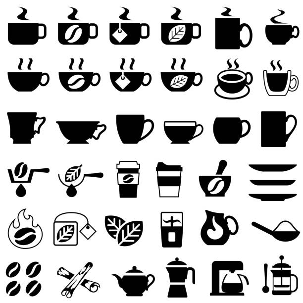 Coffee and Tea Drinks and Products Icons Single color isolated icons of tea and coffee drinks and products tea cup and saucer stock illustrations