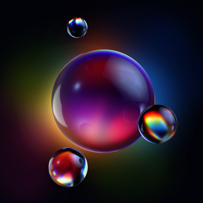 3d render, abstract glass balls glowing with colorful neon light, isolated on dark background