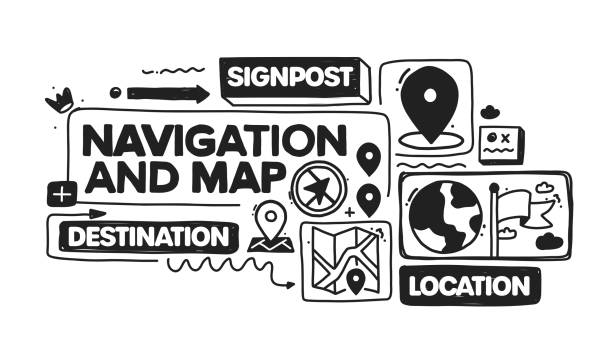 illustrazioni stock, clip art, cartoni animati e icone di tendenza di oggetti ed elementi di navigazione e mappa. collezione di illustrazioni di doodle vettoriali. set di icone disegnato a mano o modello di banner - direction drawing compass map work tool