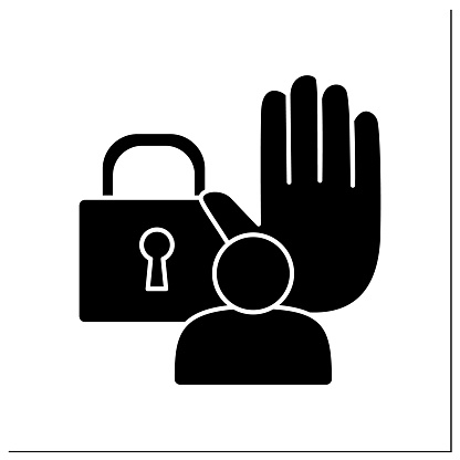 Deny glyph icon. Prohibit certain actions. Restrict person or utterance. Stop. Block. Censorship concept. Filled flat sign. Isolated silhouette vector illustration