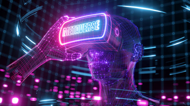 3D render, futuristic neon background. Visualization of a man wearing virtual reality glasses, electronic head device. User interface. Player one ready for the game in cyber space stock photo