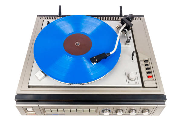 istock Vintage turntable record player with blue vinyl 1366586622