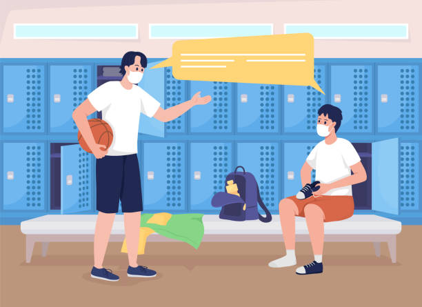 Boys changing for gym flat color vector illustration Boys changing for gym flat color vector illustration. Athletes speaking before P.E. lesson. Students in physical class uniforms talking 2D cartoon characters with lockers row on background boy getting dressed for school stock illustrations