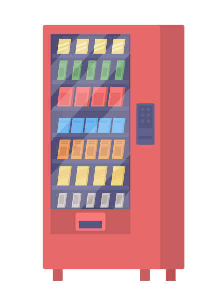 스낵 세미 플랫 컬러 벡터 아이템을 장착한 자동판매기 - vending machine machine selling soda stock illustrations