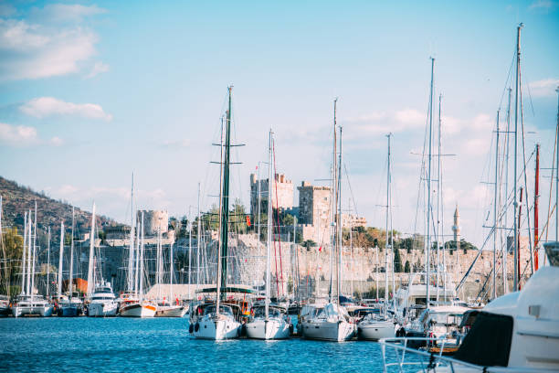 Sailboats in front of Bodrum Castle in Aegean Turkey