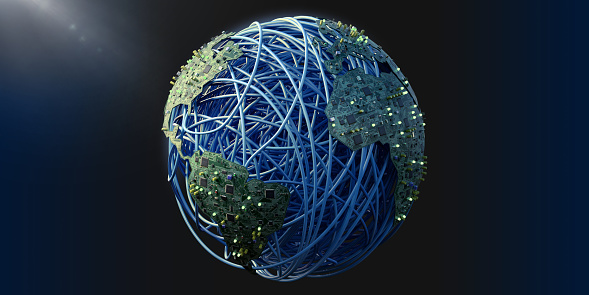 Conceptual image of the earth made from ball of wound blue cable and printed circuit boards for the countries. Green LEDs are distributed across the countries, and the 'earth' is illuminated from the top left.