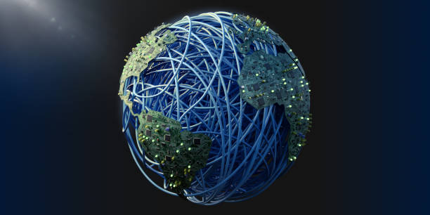 Earth Made From Printed Circuit Boards and A Ball Of Cable. Conceptual image of the earth made from ball of wound blue cable and printed circuit boards for the countries. Green LEDs are distributed across the countries, and the 'earth' is illuminated from the top left. data cable stock pictures, royalty-free photos & images