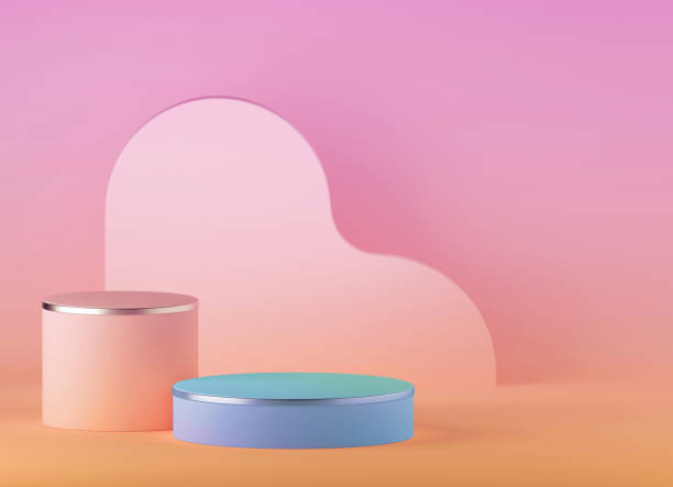 istock 3d render, abstract colorful peachy pink background with empty podium and curvy geometric shape. Modern minimal showcase for product presentation 1366588547