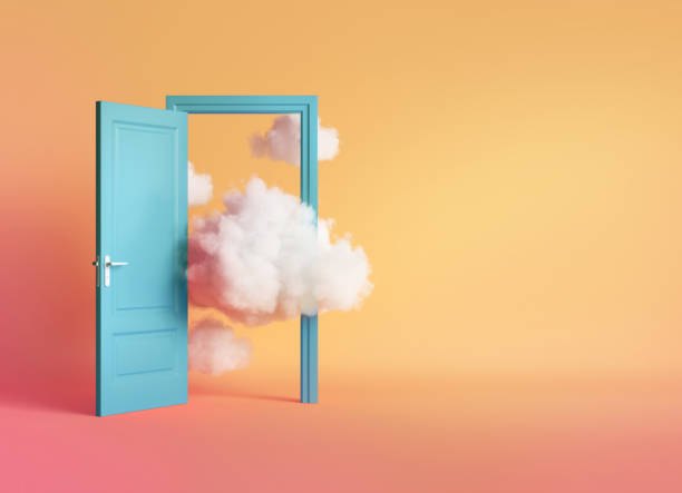 istock 3d render, white clouds and cumulus flying out the blue open door inside the empty room. Objects isolated on peachy background. Abstract metaphor, modern minimal concept. Surreal optical illusion 1366589523
