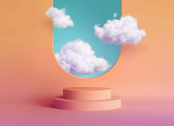 istock 3d render, abstract peachy geometric background, modern minimal showcase scene with empty podium for product presentation, white clouds fly inside the room through the arch window, optical illusion 1366589610