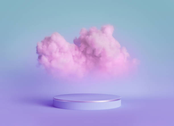 istock 3d render, abstract blue violet background with pink fluffy cloud levitates above the empty stage. Minimal showcase with round platform for product presentation 1366589763