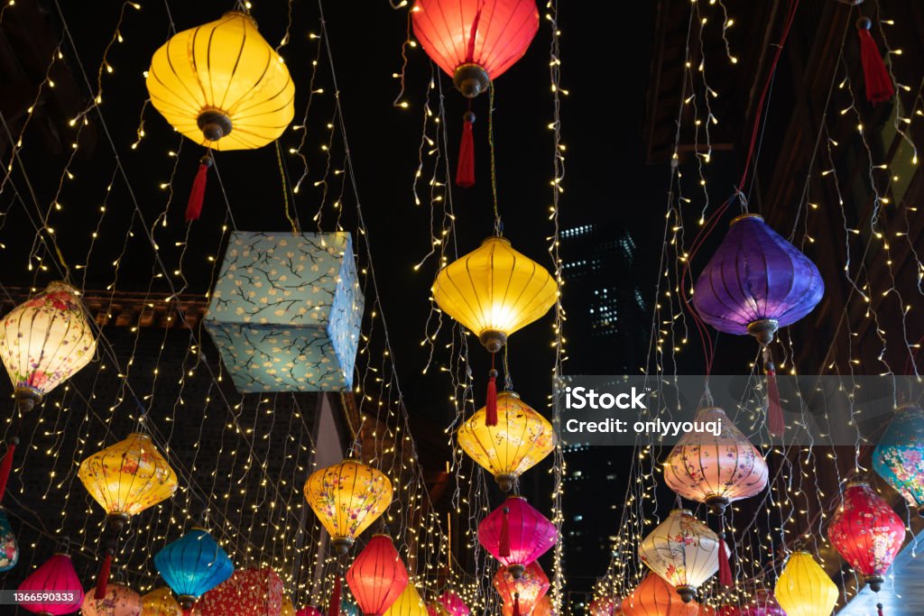 Lanterns of all colors hang on the roof Hoi An Stock Photo