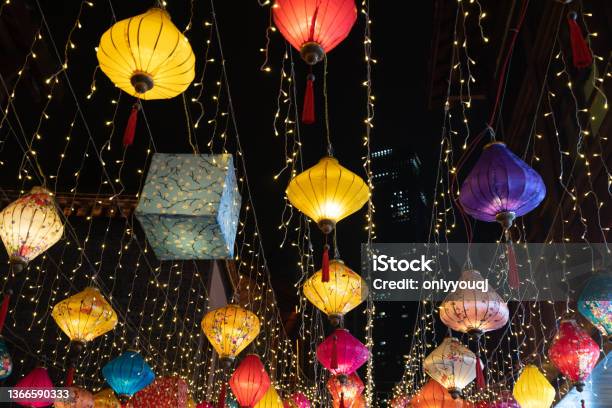 Lanterns Of All Colors Hang On The Roof Stock Photo - Download Image Now - Hoi An, Lantern, Traditional Festival