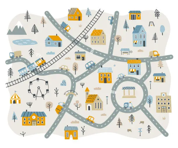 Vector illustration of Little town doodle map for nursery carpet. Cityscape baby print with buildings and transport.