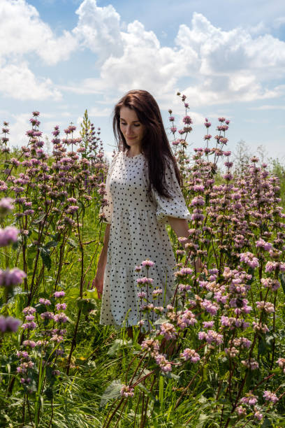 Brunette walks through the thickets of wildflower. Human communication with nature in summer. Selective focus. stock photo