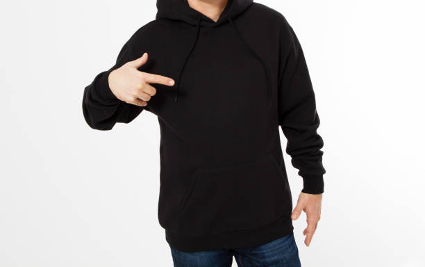 istock Man in black sweatshirt pointed hand, black hoodies front isolated, mock up,copy space cropped image 1366594675