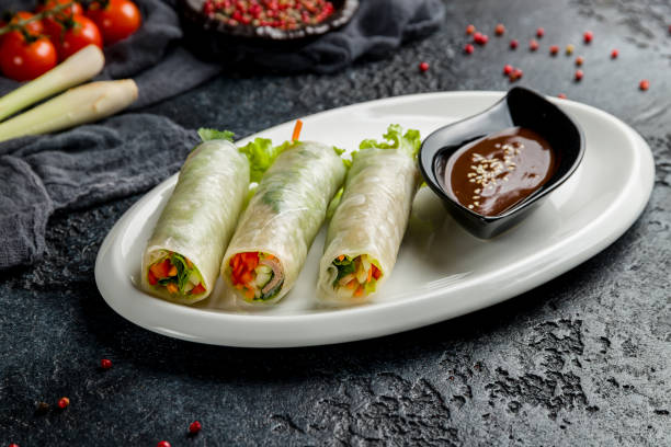 istock Fresh Spring Roll with pork on dark stone table , Chinese Food 1366594749