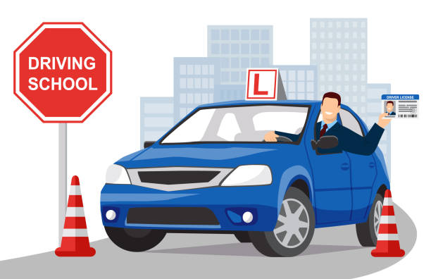 ilustrações de stock, clip art, desenhos animados e ícones de smiling man in a jacket and tie sits in a blue training car and shows his driver license. city landscape in the background. design concept driving school or learning to drive. - driving training car safety