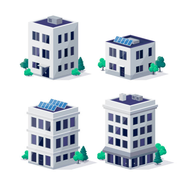 Residence apartment house city urban old town historic office home buildings Residence apartment house city urban old town historic office home buildings illustrations in 3d dimetric isometric view. Suburban hotel building with solar panels. Isolated vector illustration. penthouse icon stock illustrations