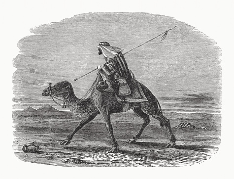 Oriental postman riding a camel. Nostalgic scene from the past. Wood engraving, published in 1862.