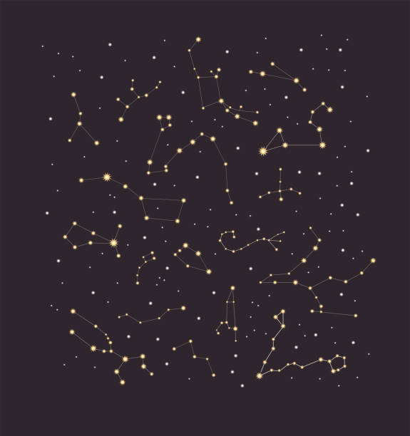 vektorraum sternenhimmel illustration mit verschiedenen konstellationen und sternen - sternbild stock-grafiken, -clipart, -cartoons und -symbole
