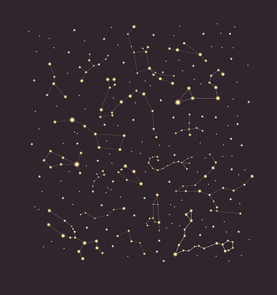 Cosmic vector illustration background of the starry sky and constellations of aries, taurus, leo, virgo, cancer, scorpio, pisces and stars