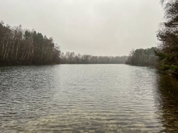 Photo of A lake in winter in rainy weather.