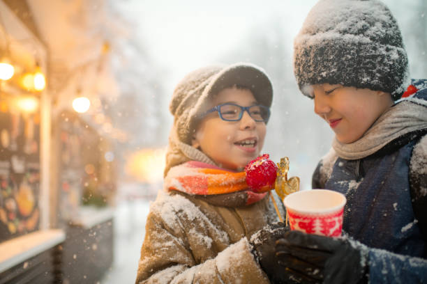 Brothers enjoying time together outdoors in winter