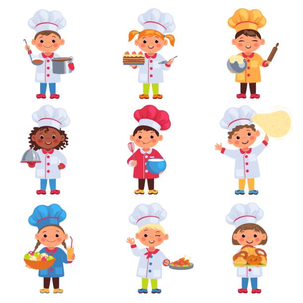 ilustrações de stock, clip art, desenhos animados e ícones de children cooks. little chefs with kitchen tools. boys and girls cooking food. cookers hats and workwear. professional training. kids baking cakes or bread. vector cuisine workers set - chicken house